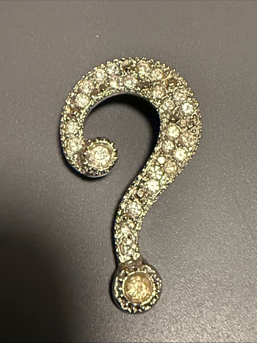 Vintage Rhinestone Question Mark Silver Tone Brooch